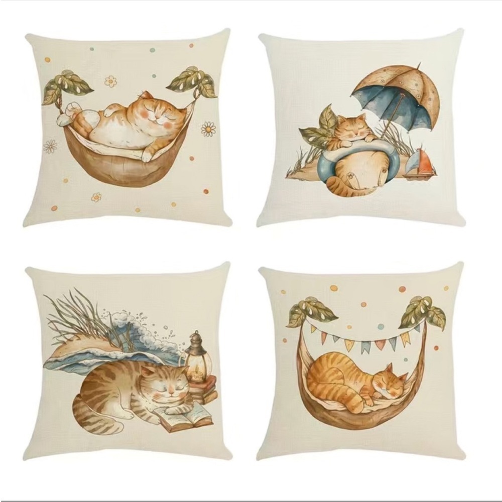 4pcs Cat Modern Sofa Throw Pillow Cover, Decorative Outdoor Linen Blend Fabric